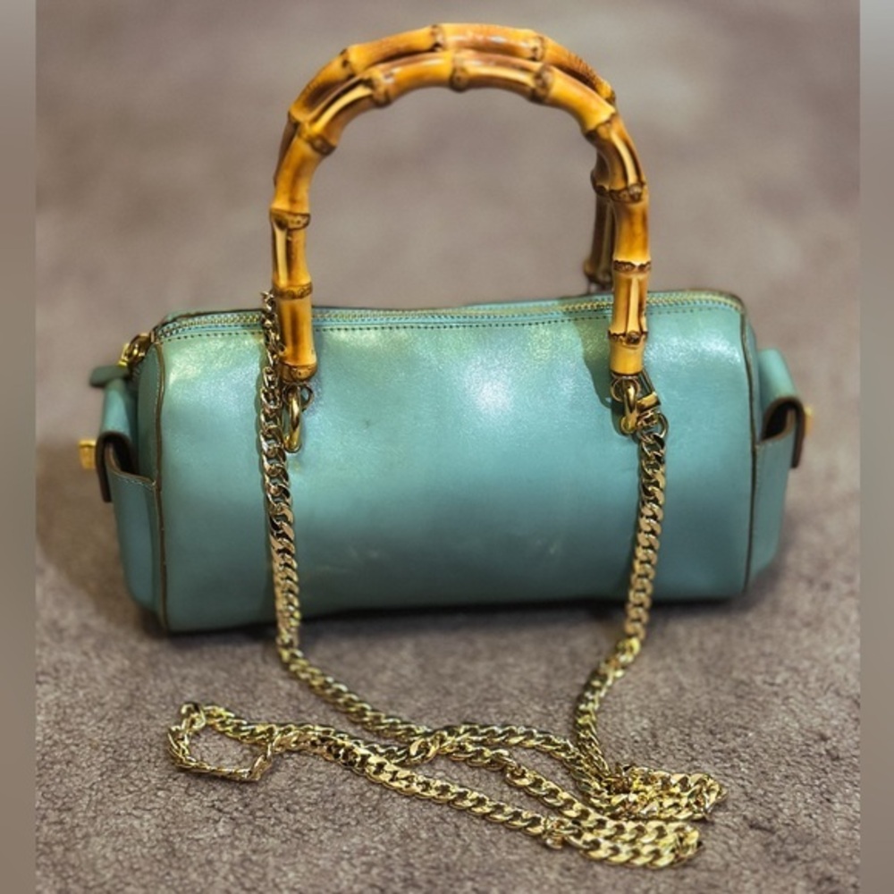 MONSAC Blue Genuine Leather Gold Accent Mini Barrel Bag with Bamboo Handles